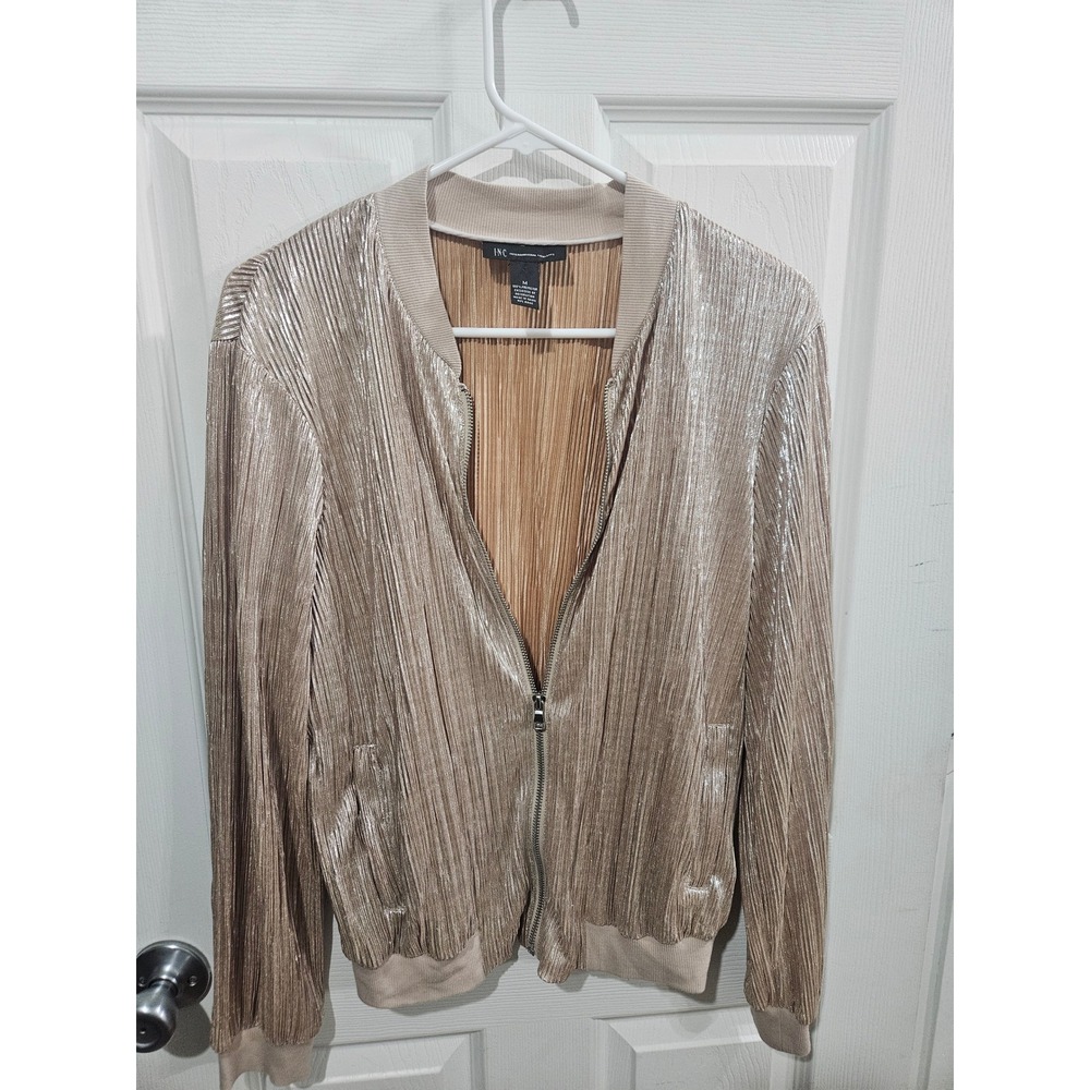 INC International Concepts Gold Metallic Pleated Bomber Jacket Womens‎ Medium M